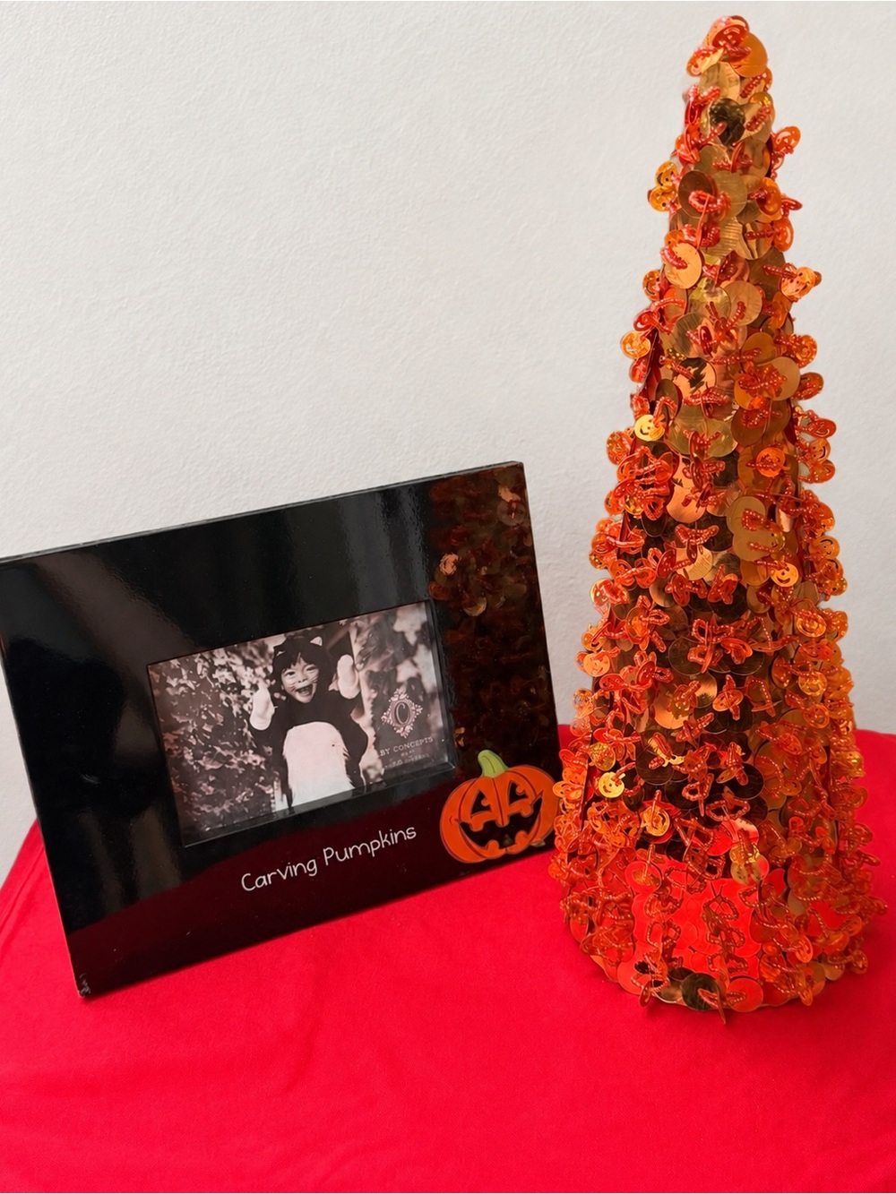 Halloween Orange Sequin Cone Tree and  Frame